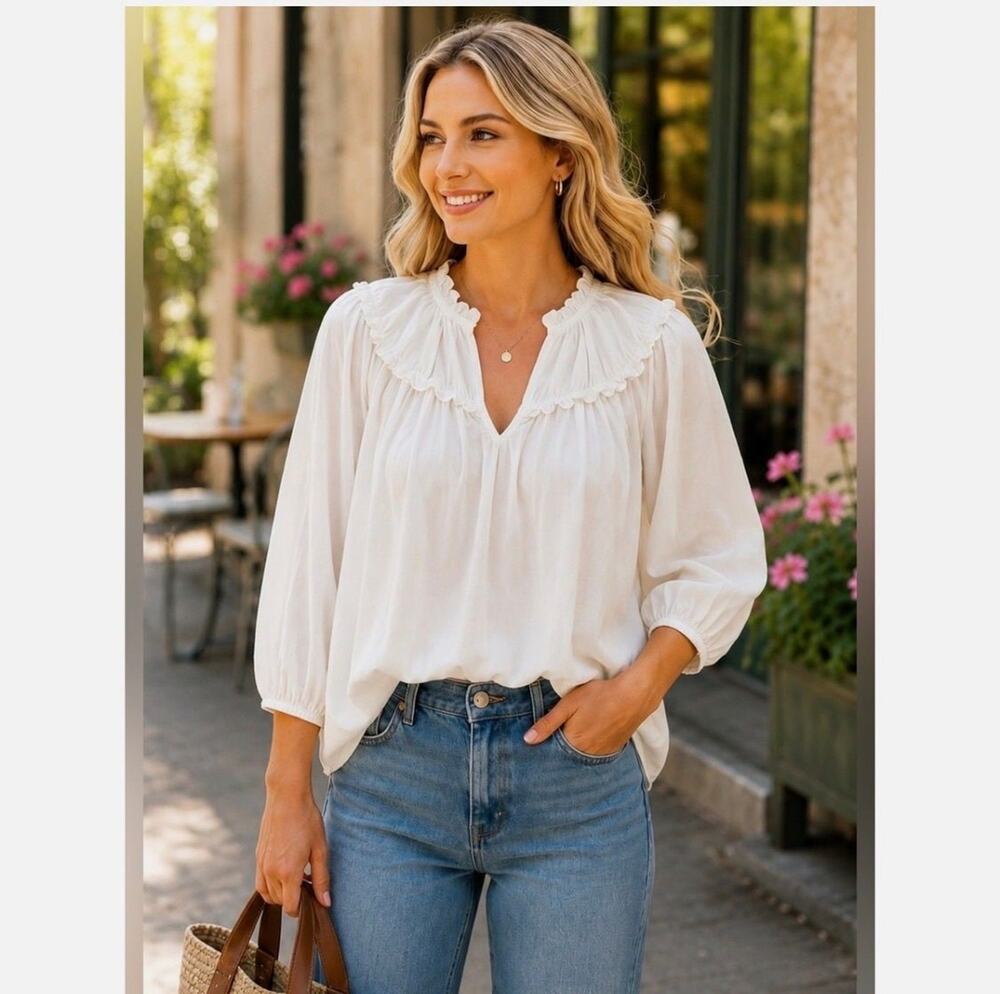 Tuckernuck Pomander Place White Ruffle Peasant Blouse Size S